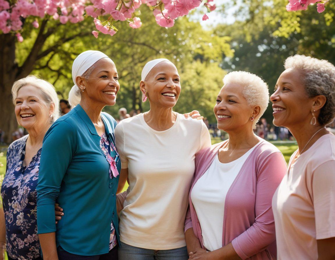 A warm and uplifting scene featuring a diverse group of cancer survivors sharing stories and joy in a sunlit park, surrounded by blooming flowers and symbolic ribbons of hope. Their expressions showcase resilience and empowerment, capturing the essence of community and support. In the background, a gentle breeze rustles the leaves, emphasizing the theme of renewal and strength. vibrant colors. super-realistic. natural setting.