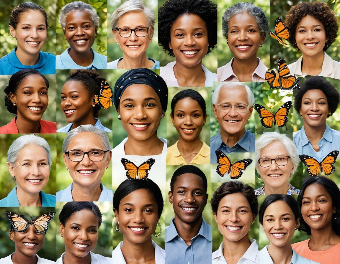 A vibrant collage depicting diverse individuals from the oncology community, sharing heartfelt testimonials. Show a mix of joyful expressions and hopeful eyes, with a serene backdrop of nature symbolizing growth and resilience. Include elements like butterflies and flowers to represent transformation, alongside inspirational quotes subtly integrated into the scene. warm colors. deep focus. super-realistic.