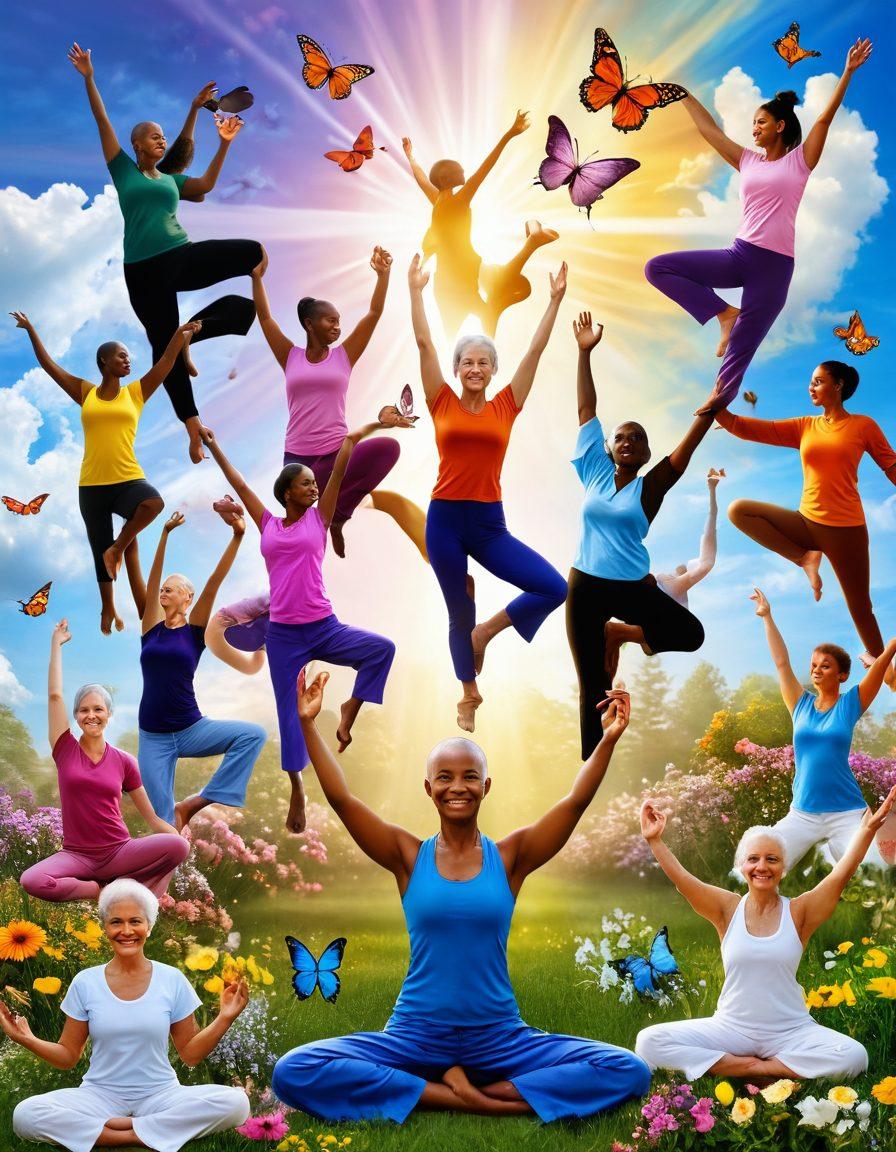A vibrant collage depicting a diverse group of cancer survivors engaged in various healthy activities, such as yoga, cooking nutritious meals, and participating in support groups, with symbols of hope like ribbons and butterflies fluttering around them. The background should evoke a sense of healing with blooming flowers and sunlight breaking through clouds. super-realistic. vibrant colors. soft focus.